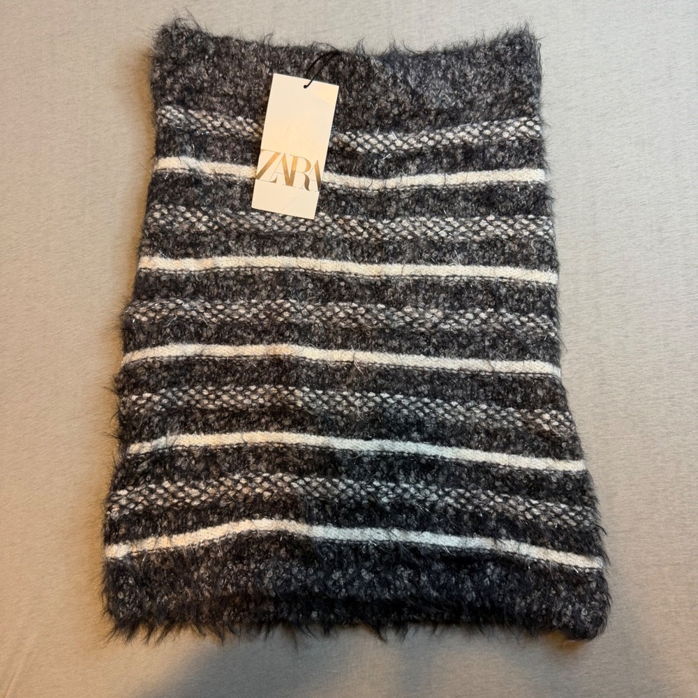 Zara Striped Fuzzy Knit Mini Skirt Charcoal Gray White Wool Blend Metallic NWT S